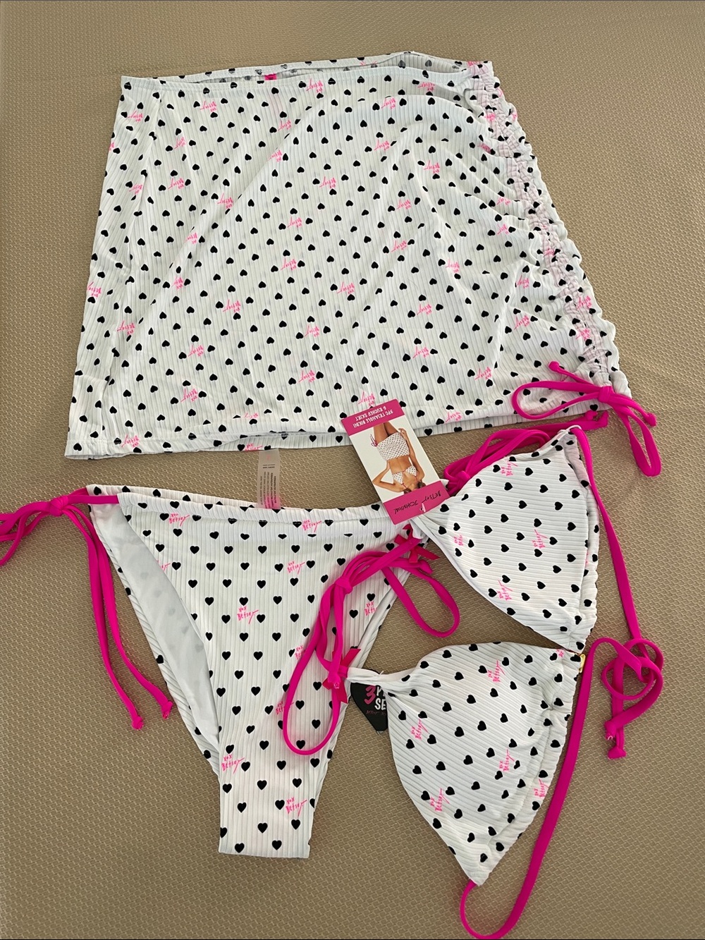 Betsey Johnson White Bikini Set with Black Heart Print & Hot Pink Ties